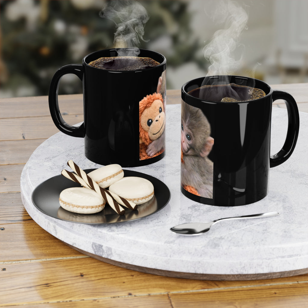 Cute Baby Monkey Hugging Plush — 11oz Black Coffee Mug