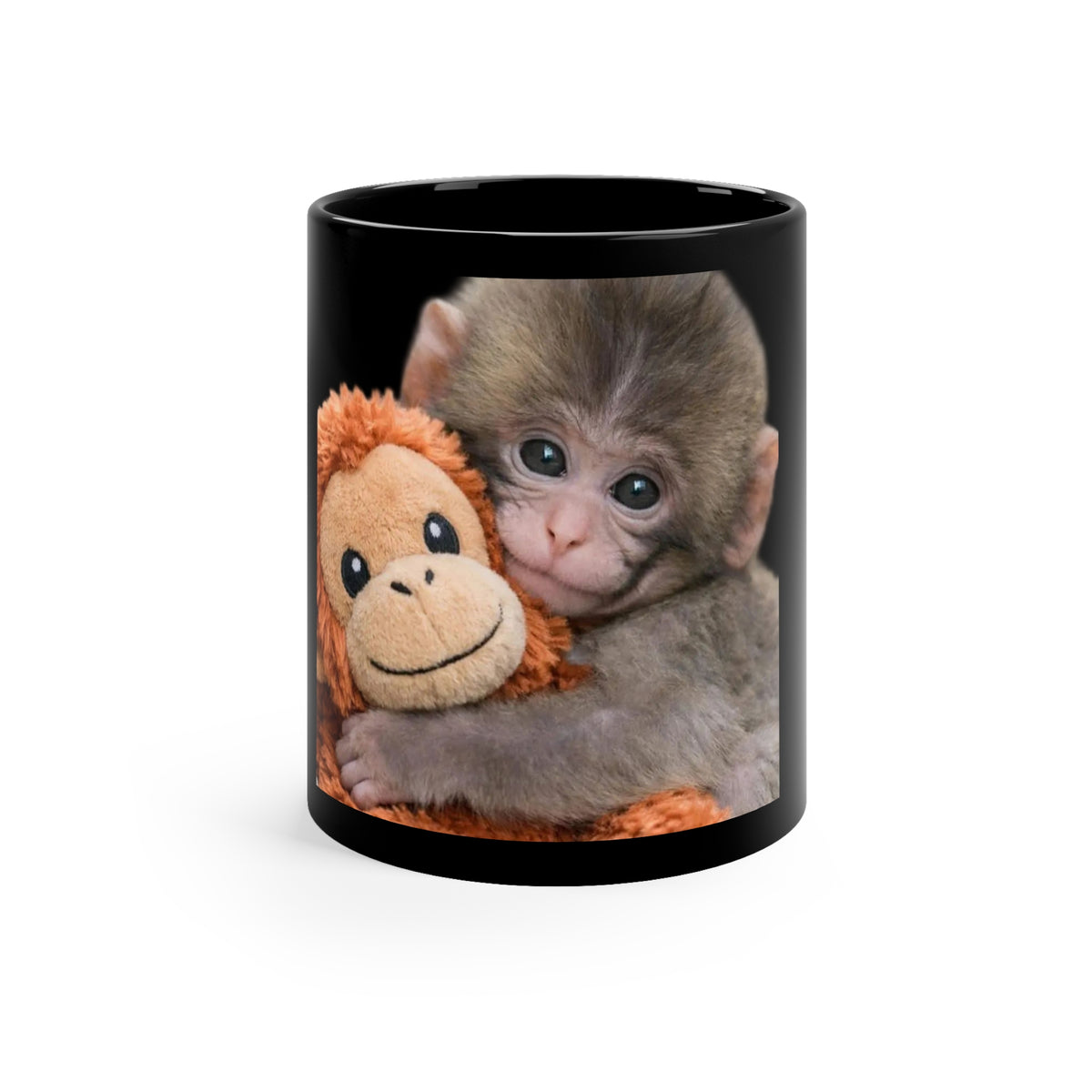 Cute Baby Monkey Hugging Plush — 11oz Black Coffee Mug